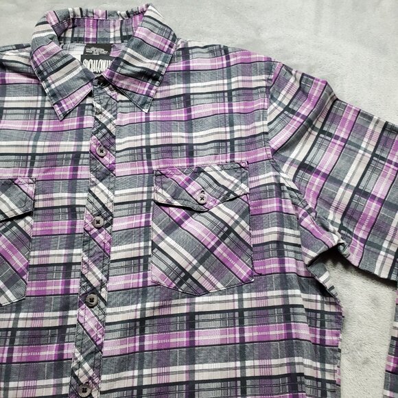 Social Collision Long Sleeve Button Up Plaid Shirt Purple Black Gray Men Sz L - Picture 5 of 10